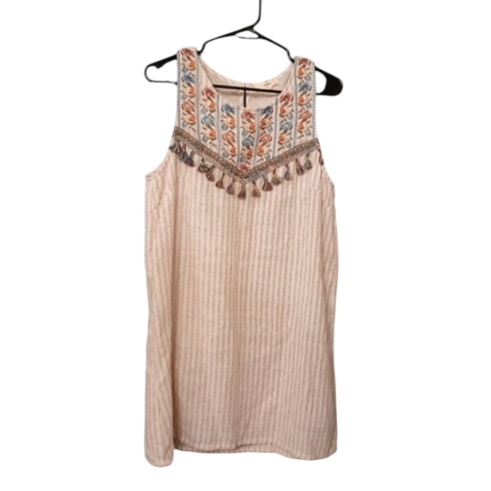 Entro Bohemian Cream Striped Floral Embroidered Tunic Dress Tassels Size Large